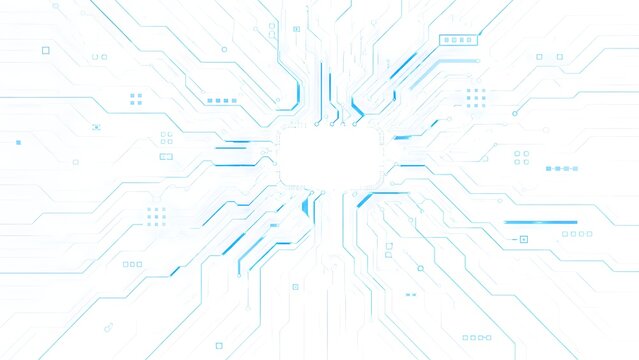 Abstract light blue digital circuit board pathways on a clean white technology background