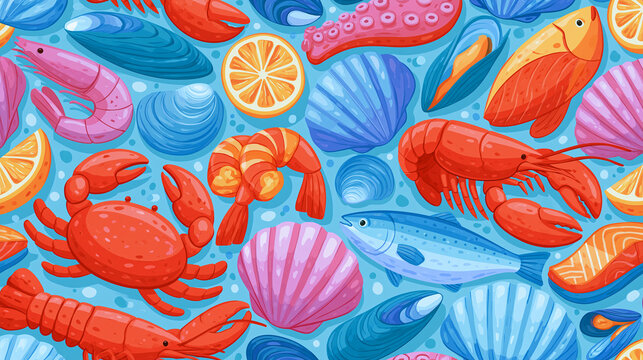 Vibrant seafood pattern featuring various crustaceans and fish on a blue backdrop.