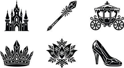 Fairy tale winter princess vector silhouette set featuring ice castle, crystal crown, wand, carriage, snowflake, and glass slipper. © Ashrat