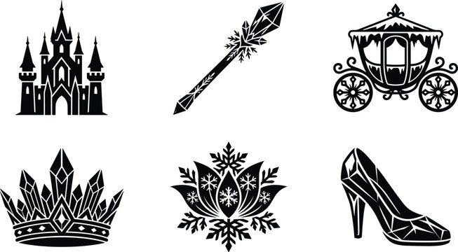 Fairy tale winter princess vector silhouette set featuring ice castle, crystal crown, wand, carriage, snowflake, and glass slipper.