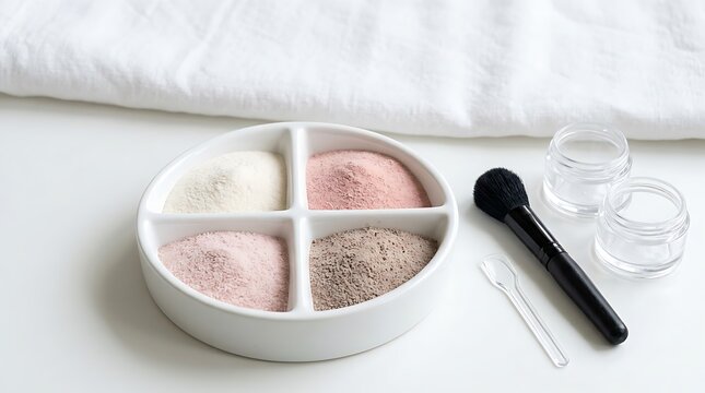 Four different colors of natural cosmetic clay powder in a round plate with a makeup brush. dip powder nails