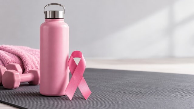 Pink water bottle and ribbon on exercise mat for wellness awareness