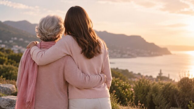 Mother and daughter embracing outdoors in breast cancer support concept