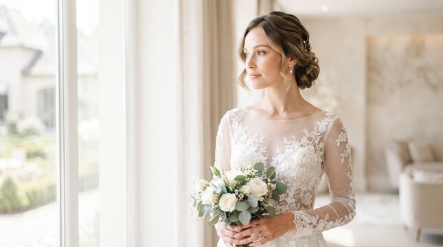 Elegant young bride wearing lace wedding dress holding white rose bouquet looking out large window in bright luxury room