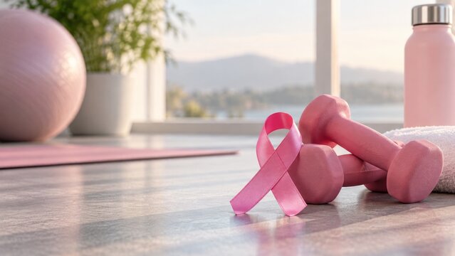 Pink ribbon with dumbbells and fitness equipment in wellness setting