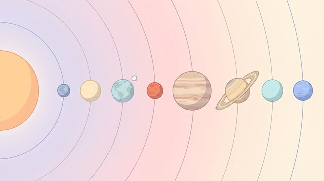 Minimalist flat illustration of the solar system with softly colored planets orbiting in pastel tones against a smooth abstract gradient space background shown in sharp focus with rich natural texture