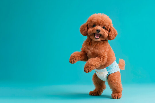 A cute toy poodle in a diaper stands on its hind legs against a bright, isolated background