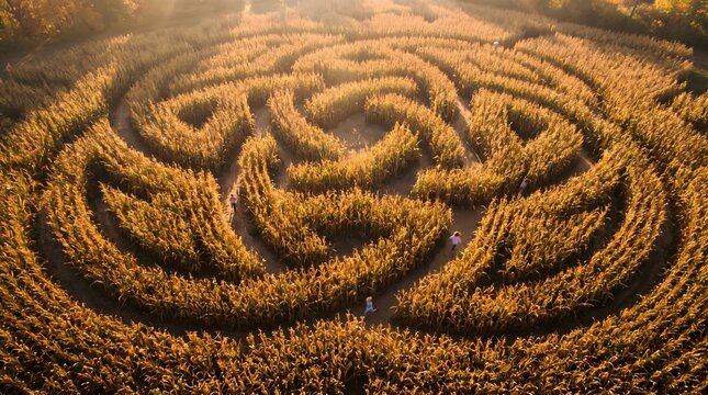 Aerial view of people navigating a golden corn maze, illustrating complex challenges and strategic decision-making in a sunlit field.