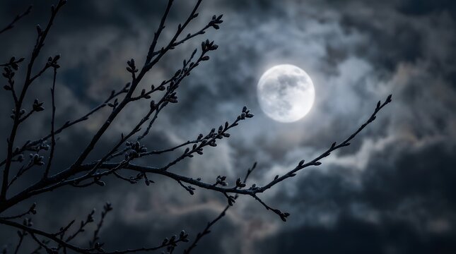 Full moon shining bright in the night sky behind dark tree branches