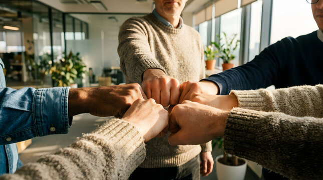 Diverse business colleagues showing unity with a team fist bump. Generative AI image