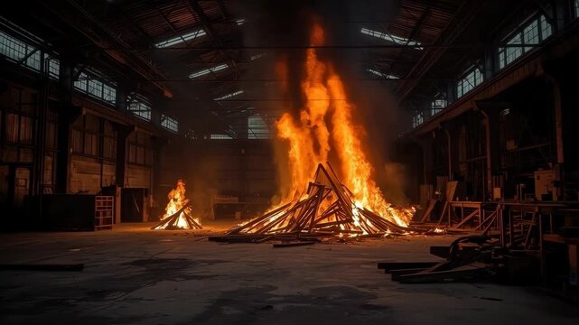 Industrial Warehouse Fire with Towering Flames, Burning Timber Structure, Smoke and Intense Blaze