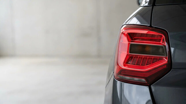 Modern grey car rear taillight closeup in a garage with copy space