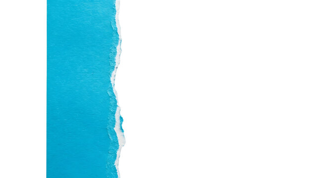 Cyan paper sheet with a ripped ragged edge is placed vertically against a bright transparent background.