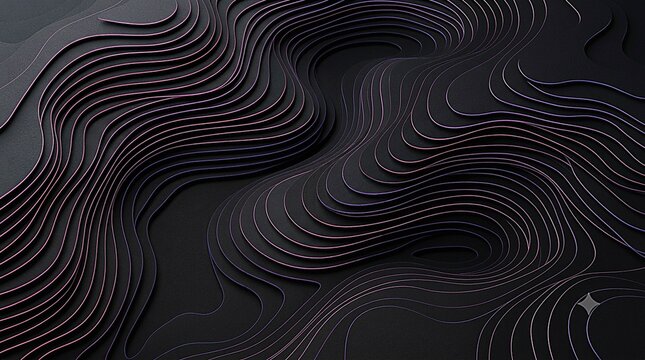 Dark abstract background with 3D black paper cut layered wavy shapes, luxury black topographic texture