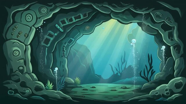 Underwater cave animated background loop fantasy ocean scene.