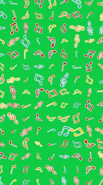 musical notes pattern isolated green screen animation, chroma key colorful notas retro music and song overlay vertical social media motion design element