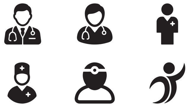 Medical icon set with doctor, nurse and healthcare worker silhouettes, stethoscope and cross symbols, flat black glyph vector icons for hospital, clinic, medical care and pharmacy design applications.