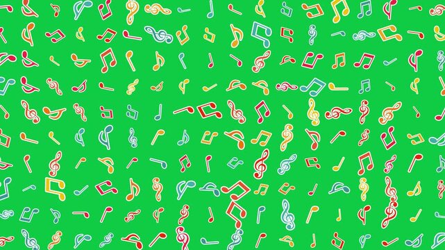 musical notes pattern isolated green screen animation, chroma key colorful notas retro music and song overlay social media motion design element