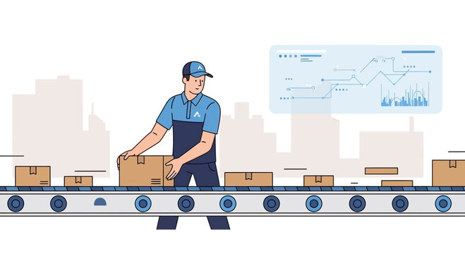 Logistics worker managing package conveyor belt with analytics graph