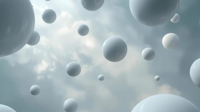 Floating Sphere Beneath Cloudy Sky in Surreal Abstract Atmosphere with Calm Floating Motion