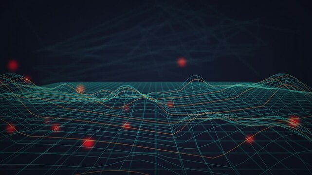 Wireframe terrain red nodes seamless loop motion background