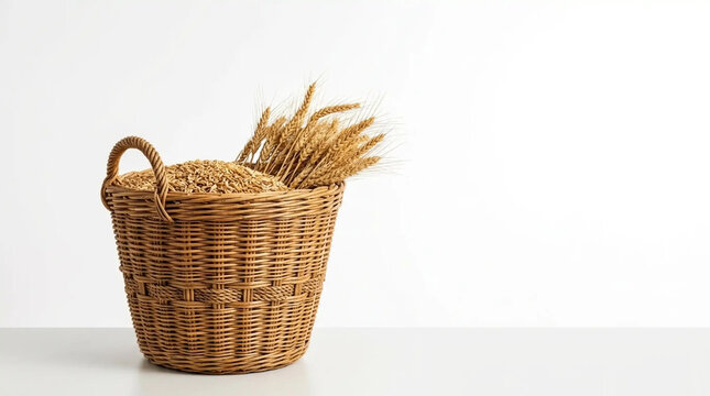 Wicker basket filled with organic wheat grains and golden spikes on a white background