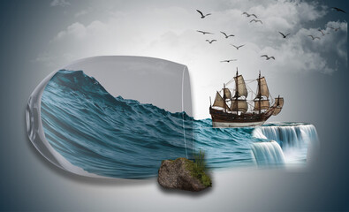 A surreal image of a vintage sailing ship navigating a stormy ocean inside a broken glass pill with a waterfall © Taharima