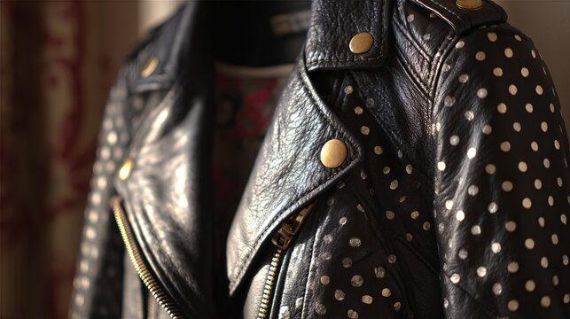 Black leather biker jacket with golden studs and zipper details, showcasing a bold style, lying on a patterned textile surface