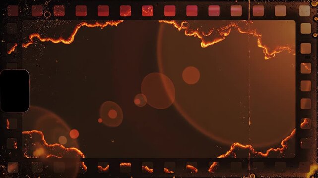 Cinematic film strip frames with fiery lightning effects and lens flares during golden hour lighting