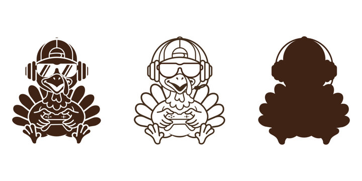 Gamer turkey bird wearing headphones cap and sunglasses playing on game controller vector illustrations in outline silhouette and solid.