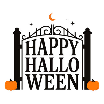 Black silhouette cemetery gate with orange pumpkins and moon crescent serves as spooky halloween entrance for invitations and party flyers.