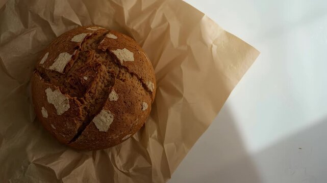 Rustic Sourdough Bread Round Loaf with Cracked Crust on Parchment Paper in Warm Sunlight