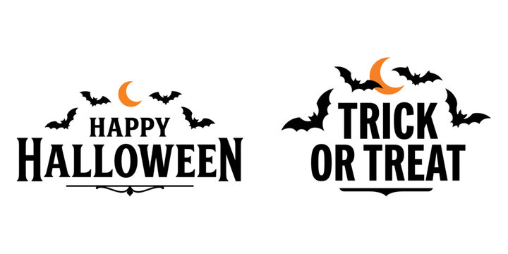 Happy halloween and trick or treat lettering set with flying bats and glowing orange crescent moon elements for festive holiday decorations.