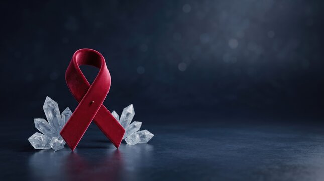 3d World AIDS Day abstract background new 2026 Red awareness ribbon on crystal shards dark background illustration