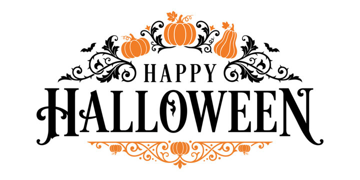 Happy halloween text graphic featuring orange pumpkins and elegant black floral filigree decorative borders for festive seasonal card designs.