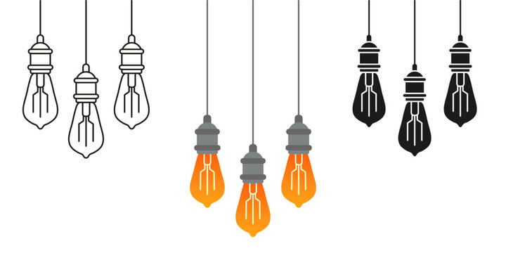 Set of vintage edison light bulbs, hanging lamps in line art, flat color, and silhouette styles, vector illustration