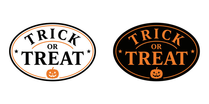 Trick or treat oval badge design featuring classic typography stars and a carved pumpkin icon for festive halloween label sticker projects.