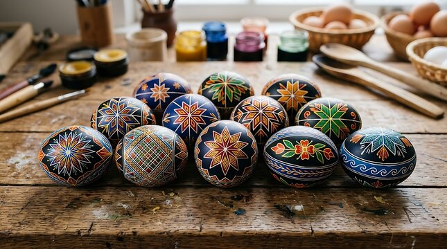 Hand painted folk art easter eggs displayed on a rustic wooden table