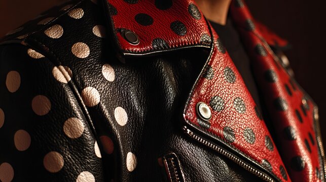 Bold red and black spotted leather jacket displayed on a dark background, showcasing a fashionable and edgy style concept for modern apparel