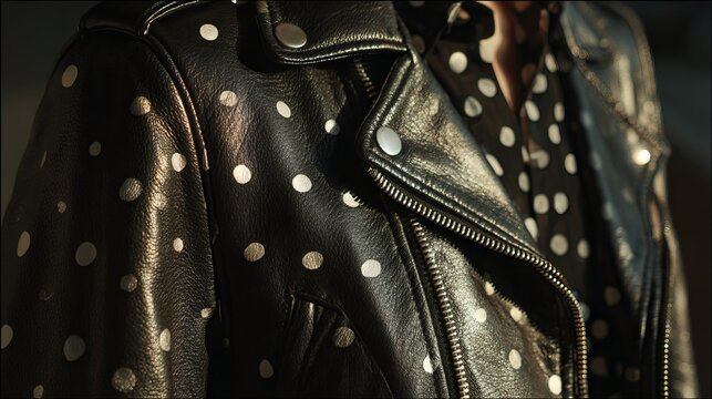 Black leather jacket displays numerous silver studs, showcasing unique texture and design, ideal for fashion and apparel concepts
