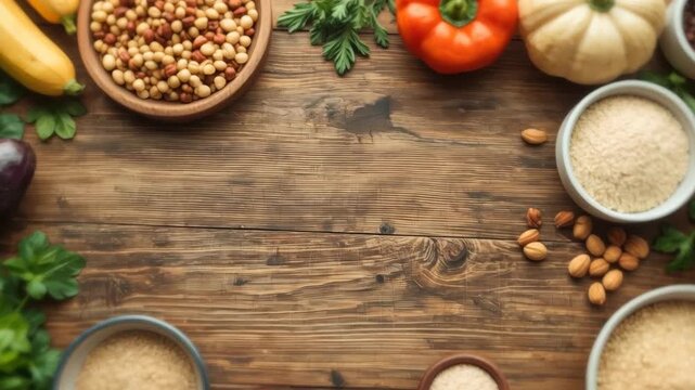 Rustic Wooden Table with Colorful Vegetable, Grain, and Legume Assortment in Bowls