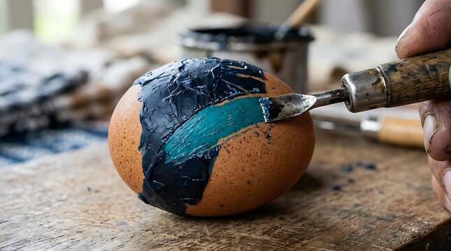 Craftsman applying wax to a traditional batik egg with metal tool
