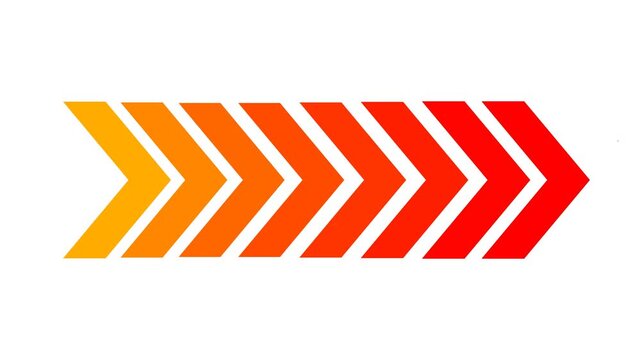 Right arrow chevron sequence with vibrant gradient colors transitioning from yellow to bright red stands isolated on white.