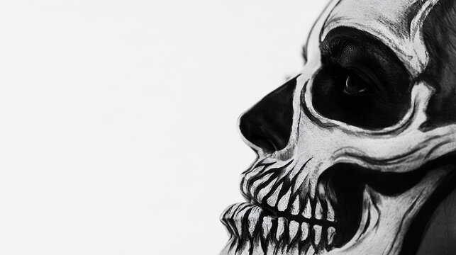 Profile close up of black and white skull face paint face turned to the side and partially out of frame bright clean well lit background detailed bone pattern monochrome contrast
