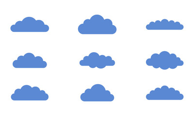 Fototapeta premium Collection of simple blue cloud shapes isolated on white background with weather icons blue clouds silhouette