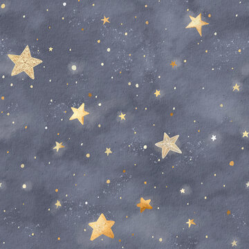 Seamless pattern on watercolor paper grey-blue texture with golden doodle stars, abstract space landscape, hand-drawn print for wallpaper, wrapping paper, gift box, repeat background or home textile.
