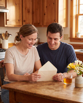 Couple opening an envelope together at a kitchen table