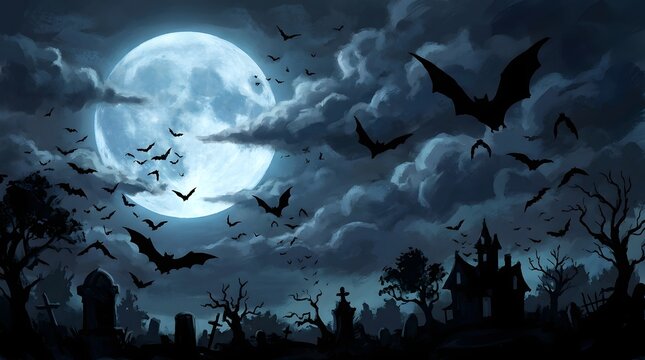 A spooky halloween background featuring a glowing full moon with flying bats over a dark graveyard silhouette under a cloudy night sky for holiday designs