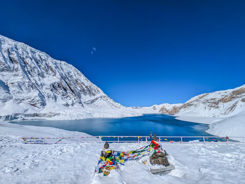 Tilicho Lake in the Himalayas of Nepal surrounded by snow-covered mountains