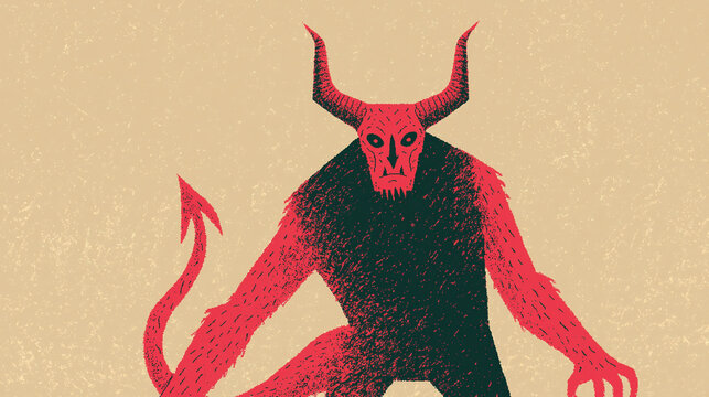 Stylized red devil creature with horns and tail against a textured beige background.